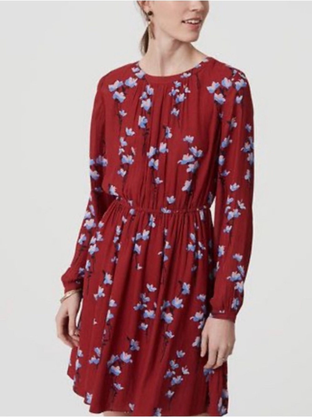 LOFT Burgundy Blue Floral Long Sleeve Mini Dress Lined Keyhole XS
